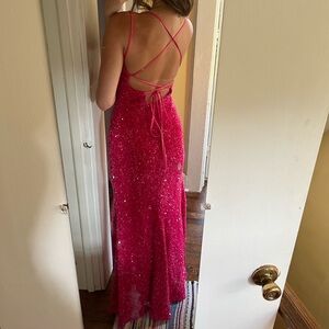 GLAMLORA SPAGHETTI STRAP PINK VELVET SEQUIN DRESS WITH SLIT